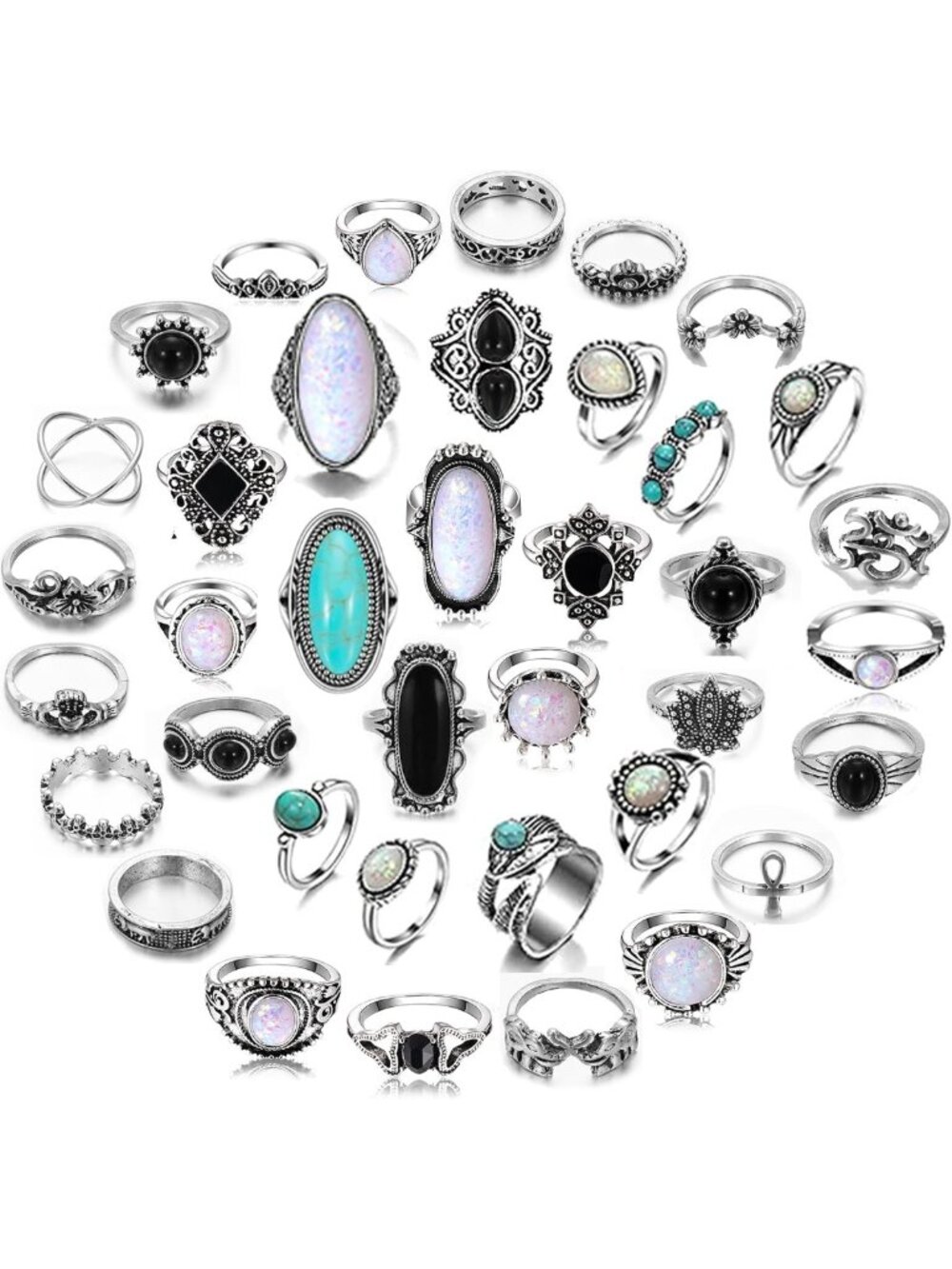 Bohemian Vintage Silver Knuckle Ring Set with Turquoise & Crystal - Stackable